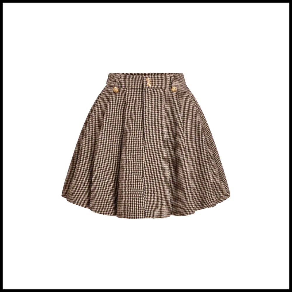 Pleated Mini Skirt A-Line Houndstooth Plaid Button Front Zip Casual